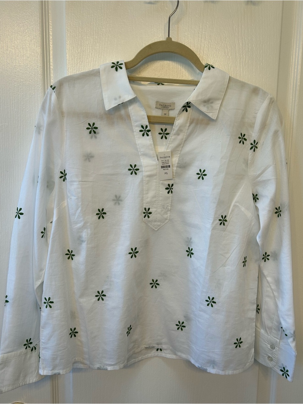 NWT Talbots Small Petite Cotton Blouse Sage Embroidered Flowers
